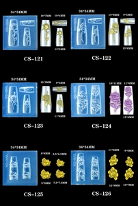 Blue silicone nail molds with 3D floral designs showing exact dimensions and results