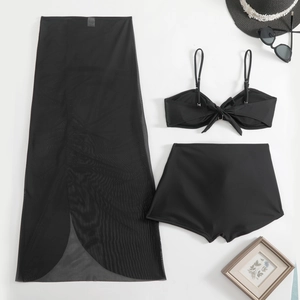Three-piece black bikini set with high-waisted shorts and long mesh sarong detail