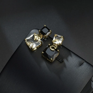 Luxury asymmetrical gold stud earrings with square crystals and number 5 charms