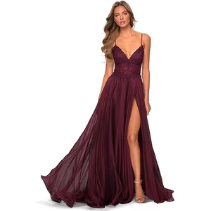 Lace Applique Chiffon Evening Gown High Slit Spaghetti Strap V Neck Sleeveless Formal Polyester Prom Dress For Women