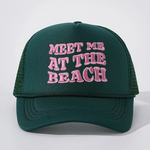 Dark green trucker hat with pink MEET ME AT THE BEACH embroidery and mesh back