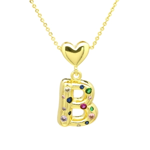 Detail of gold letter B pendant with colorful zircon stones and heart-shaped bail