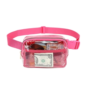 Pink translucent waist bag showing PVC texture and red mesh pocket with essential items