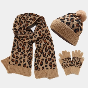 Women Leopard Print Knit Beanie Hat Scarf Gloves Winter Warm Fleece Lined Touchscreen Pom Pom Fashion Accessories