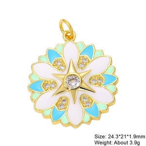 Detailed view of flower star pendant with colorful enamel and inlaid zircon stones