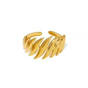 Minimalist 18k gold leaf-shaped stainless steel ring with open adjustable band on white