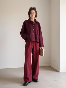 Chic burgundy wool short jacket and wide-leg trousers ensemble for elegant autumn wear