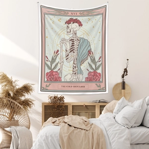Detail view of The Cold Shoulder tarot tapestry featuring a skull and flowers in a bedroom