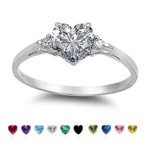 Elegant silver heart-shaped diamond ring with small side stones and multi-color gem options