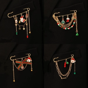 Christmas Safety Pin Brooch Gold Alloy Santa Claus Christmas Tree Elk Snowflake Dangling Charm Brooch Pin For Women Festive Jewelry