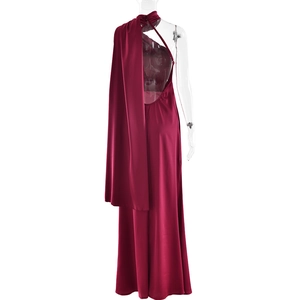 Detail view of burgundy satin backless gown with elegant draped shawl and slim fit cut