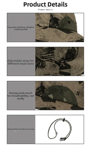 Detailed view of camouflage sun hat featuring breathable mesh and adjustable chin strap