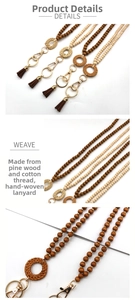 Detail of pine wood beads and hand-woven rattan ring with tassel on a lanyard neck strap