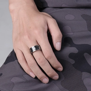 Nordic Tree of Life ring for men in silver steel with Viking Odin raven engravings