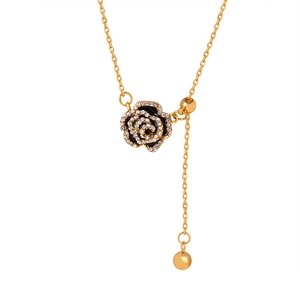 Adjustable gold stainless steel rose pendant necklace with black enamel and crystals
