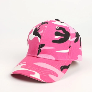 Detail of pink camouflage cotton baseball cap with curved brim and ventilation eyelets