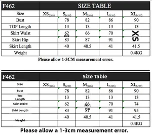 Size chart showing bust, waist, hip, and length measurements for fashion sets in cm
