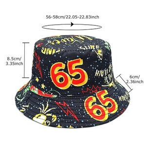 Reversible bucket hat with number 65 and graffiti print for outdoor sun protection