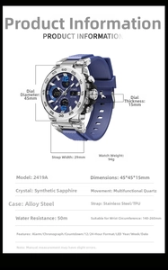 Detailed technical diagram of multi-function sports watch showing 45mm dial dimensions