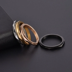 Minimalist geometric faceted stainless steel rings in silver, gold, rose gold and black