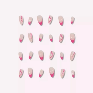 French gradient almond press-on nails set with pink wave patterns and 24 pieces