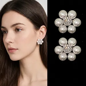 Flower Stud Earrings With Imitation Artificial Pearl Zircon And 925 Sterling Silver Earring Post Elegant French Style Women