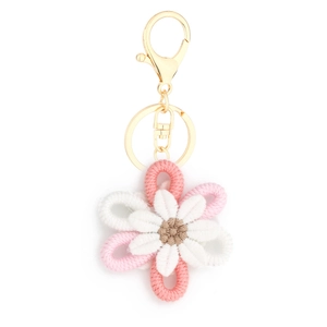 Handmade crochet daisy keychain with pink and white petals and gold metal lobster clasp