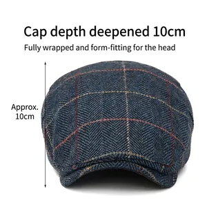 Classic blue herringbone newsboy cap with red plaid stripes and 10cm deep crown