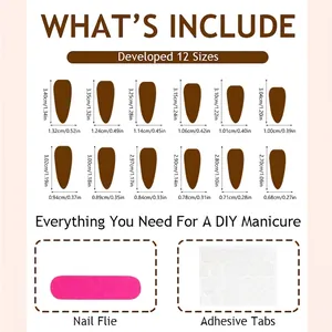 Size chart for extra long almond press-on nails with 12 sizes and manicure tool kit
