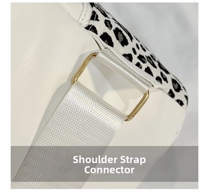 Macro shot of gold metal ring connecting white leather and leopard print strap detail
