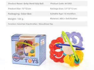 Detail of multi-color baby hand grab ball and blue packaging box with size 12x12CM