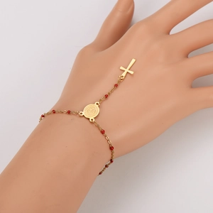 Bohemian gold stainless steel hand chain with red beads and religious medal charms