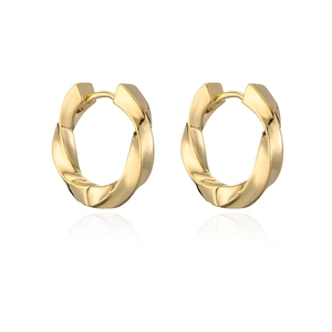 Minimalist gold-plated twisted rope hoop earrings with polished finish on white background