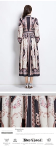 Detail of vintage floral pattern on stand-collar maxi dress with skin-friendly fabric