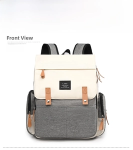 Front view of a large-capacity beige and grey diaper backpack with multiple pockets