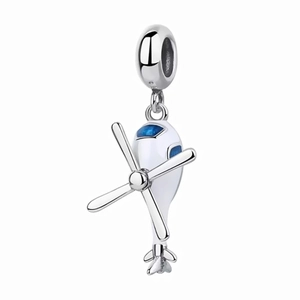 S925 sterling silver helicopter charm with white enamel and blue windows for bracelets