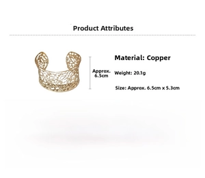 Detailed specs for gold hollow cuff bracelet showing dimensions 6.5cm and 20.1g weight