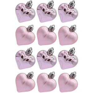 Set of 12 pink heart-shaped Christmas ornaments with matte and glossy finishes