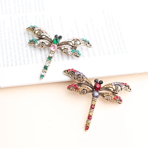 Macro detail of vintage dragonfly brooches with multicolored rhinestones on aged book