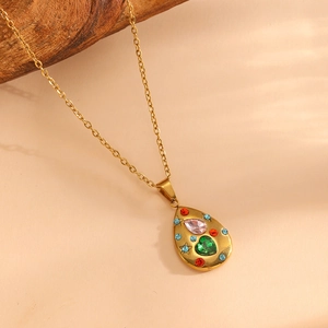 18K gold plated titanium necklace with heart and drop shaped colorful crystal charms