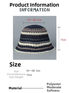 Size chart showing dimensions for the striped knit bucket hat with height and head size