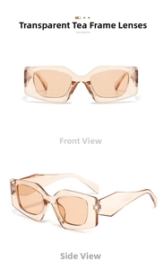 Detail view of transparent tea polygon sunglasses with wide temples and retro geometric frames