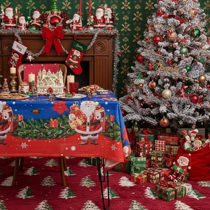 Christmas tablecloth with Santa and poinsettia patterns in a festive indoor scene