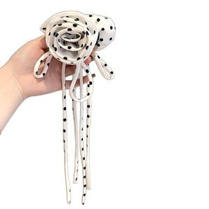 Polka dot rose fabric hair claw clip with long elegant ribbons for women
