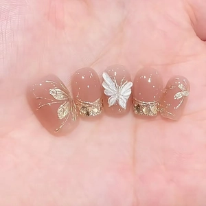 Unghie Finte Fatte A Mano Corte Quadrate Rosa Nude Farfalla 3D Glitter Oro Stile Francese Riutilizzabili
