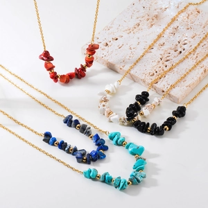 Bohemian natural crushed stone pendant necklaces with gold beads and stainless steel chains