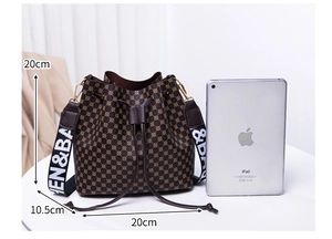 Brown patterned bucket bag dimensions 20x20x10.5cm shown next to an iPad for size reference