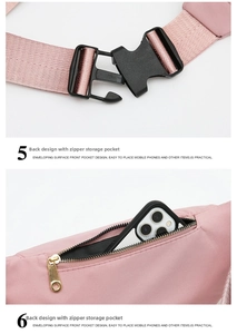 Pink waist bag detail showing anti-theft back zipper pocket and durable buckle