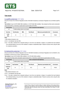 REACH test report showing PASS results for lead and cadmium on golden round pet tags