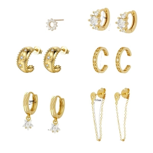 Golden S925 sterling silver hoop earrings set with zircon star and chain details